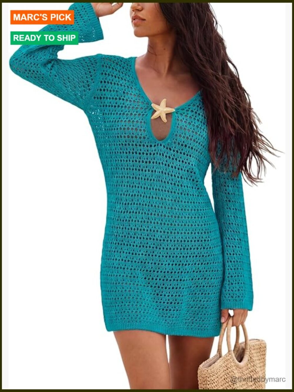 Women's Long Sleeve Crochet Swimsuit Cover Up Dress Beach Vacation